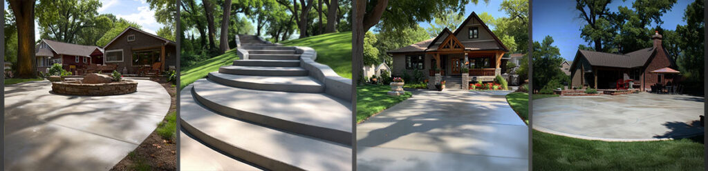 gray concrete driveway, concrete walkway, and concrete back patio