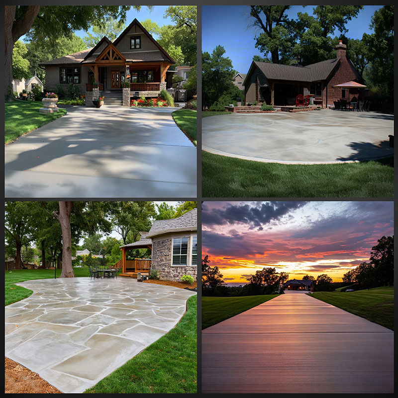 long winding concrete driveway with concrete seating area, and concrete parking area