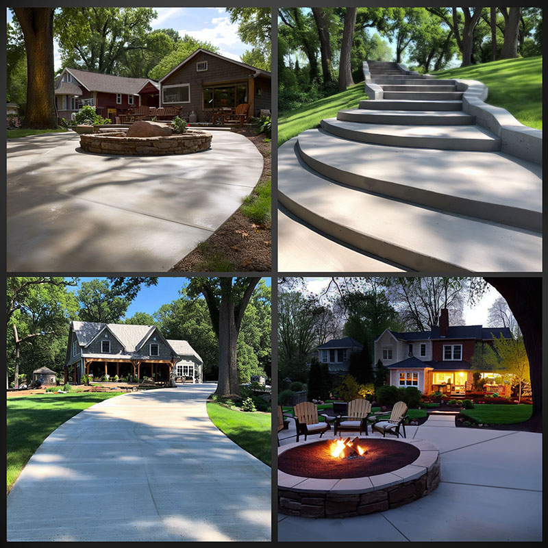 special concrete driveway with planter, concrete stairs, and concrete fire pit area