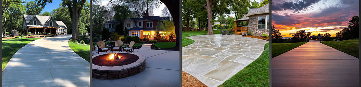 concrete parking and driveway during sunset, with concrete fire pit